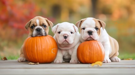 Three puppies are standing in front of a pumpkin, with one of them holding the pumpkin in its mouth