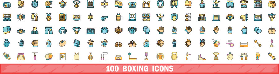 100 boxing icons set. Color line set of boxing vector icons thin line color flat on white