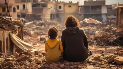 Fototapeta premium Mother and Child Amidst Devastation
