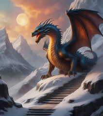 Dragon guarding a staircase leading up a snow-covered mountain.