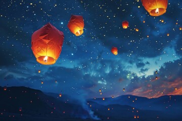 Flying paper lanterns in night sky