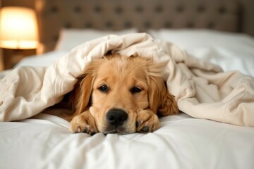 Cute dog sleeping in human bed