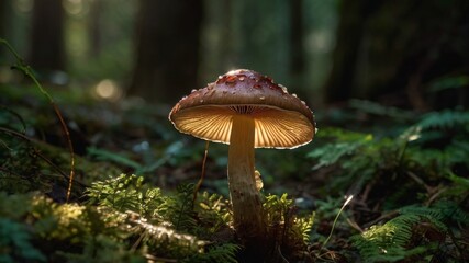 Mushroom in dew drops in green forest