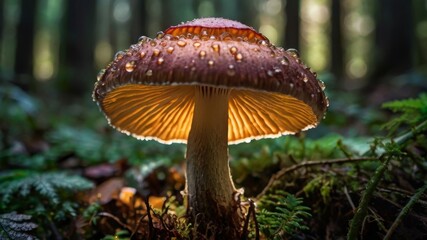 Fototapeta premium Mushroom in dew drops in green forest