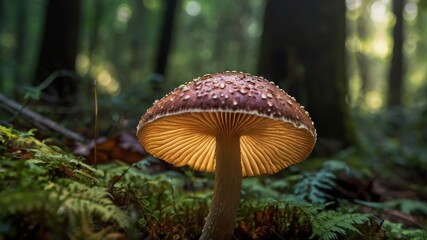 Fototapeta premium Mushroom in dew drops in green forest
