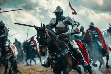 Fototapeta premium Medieval knights in armor clashing on horseback in battle.