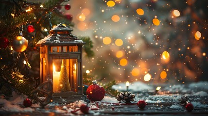 Christmas wooden lantern candlestick with candles and christmas tree