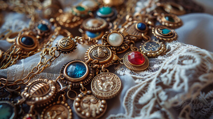 A vintage charm bracelet with various quirky charms, popular in the 70's, displayed on a lace cloth.
