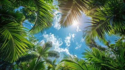Fototapeta premium A sunny tropical background with palm trees and a blue sky. A view from below