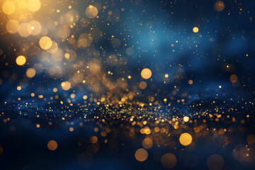 Obraz premium Abstract background of glittering golden particles and bokeh on a deep blue backdrop