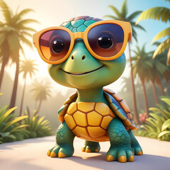 3d turtle with sunglasses on tropical beach