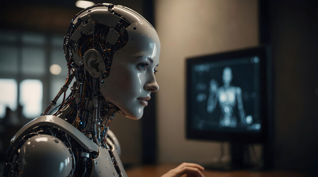 Human talking to robot ai.Futuristic technology or machine learning concepts.Generative technology ai