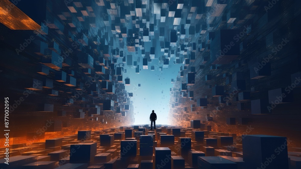 Poster person standing on a surreal landscape with floating geometric shapes. people walks while surrounded