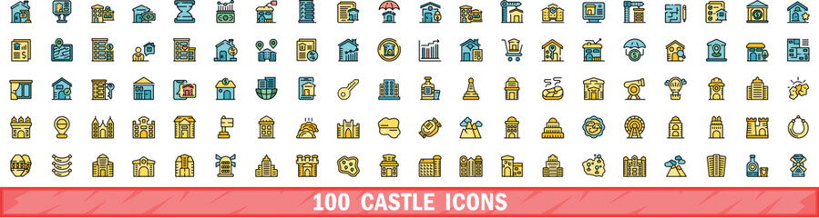 Obraz premium 100 castle icons set. Color line set of castle vector icons thin line color flat on white
