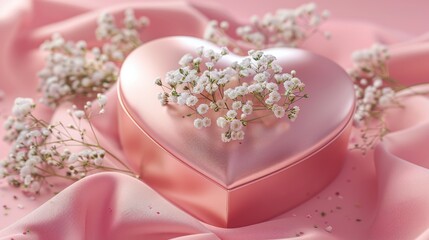 A heart-shaped box filled with baby's breath flowers, perfect for romantic occasions or as a gift
