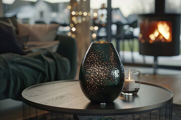 A cozy interior space featuring a decorative vase with intricate patterns, illuminated by soft ambient light