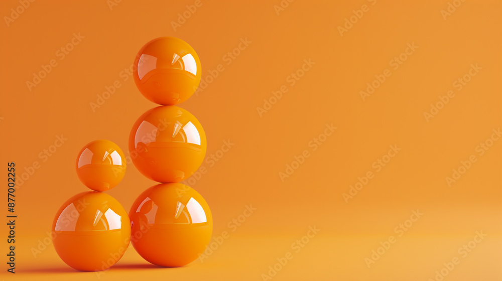 Wall mural 3D render of stacked spheres in descending size order on a solid orange background.