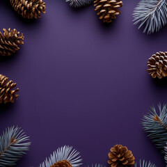 Frosted fir branches with cones framing dark purple background. Christmas and New Year festive concept. Template for greeting card, invitation, banner with copy space.