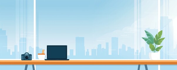 Naklejka premium Business traveler, hotel room with city view, flat design illustration