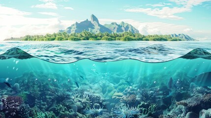 A 3D illustration showcases an aquarium piece or ocean landscape. An isolated paradise island, ideal for travel ads. The vacation backdrop features beautiful surfing waves and an underwater scene.