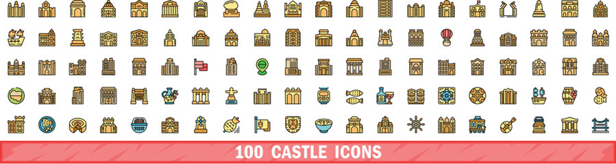 100 castle icons set. Color line set of castle vector icons thin line color flat on white