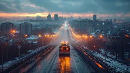 Snowy Urban Road at Dusk with Streetlights - Generative AI