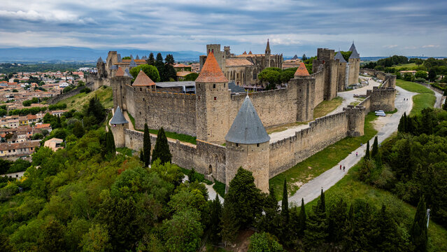 Aerial of the Cite de Carcassonne citadel, UNESCO World Heritage Site, Carcassonne, Aude, Occitania, France, Europe