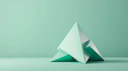 Minimal 3D render of a folded triangular shape on a solid mint green background