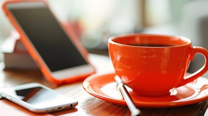 Close up view orange coffee cup with notebook placed on the tablet computer with smart phone and pen on table