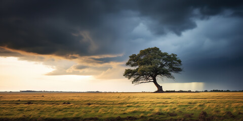 Fototapeta premium A lone tree standing in a field, with a stormy sky in the background, during golden hour with dramatic lighting