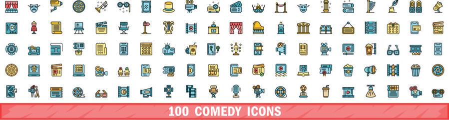 100 comedy icons set. Color line set of comedy vector icons thin line color flat on white