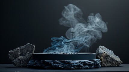 A black round pedestal with smoke rising from below, stone rocks on each side, against a pitch-black background. Crisp details.