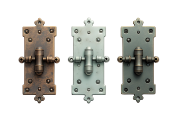 Antique Brass Triangle Hinges for Doors or Windows on a White or Clear Surface PNG Transparent Background.