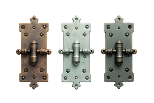 Antique Brass Triangle Hinges for Doors or Windows on a White or Clear Surface PNG Transparent Background.
