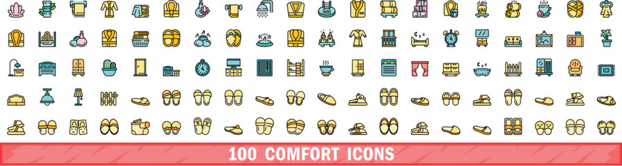 100 comfort icons set. Color line set of comfort vector icons thin line color flat on white
