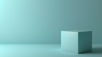 Minimalist 3D render of a rotated cube on a solid pale blue background