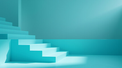 Fototapeta premium Minimalist 3D render of a stepped platform on a solid aqua blue background