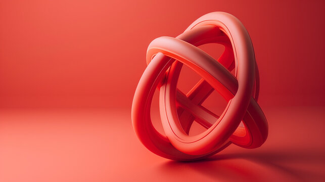 Minimalist 3D render of an intersecting loop on a solid coral red background.