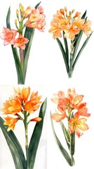 Set Of Clivia miniata, the Natal lily or Bush lily Flower Watercolor Illustration On White Background