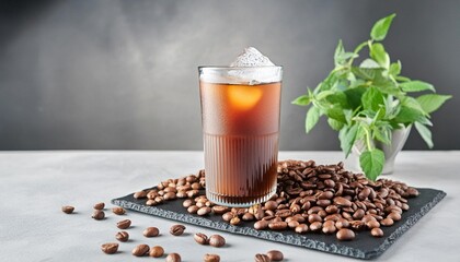 Nitro cold brew coffee, on slate surface, isolated on clean background. studio lighting.	