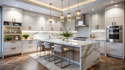 Fototapeta premium Luxurious modern kitchen featuring sleek vertical white cabinets, stunning marble countertops, and clean lines creating a sense of sophistication.