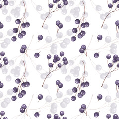 Watercolor seamless pattern with twigs with blue berries. Print with rowan berries. Packaging, design and decoration of cherry rowan, food and drinks.