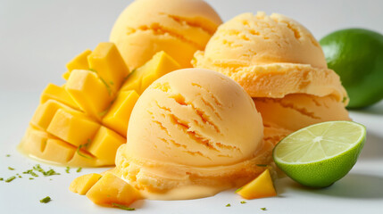 Mango Lime sorbet or gelato with sweet mango and sour fresh flavor of lime on white background