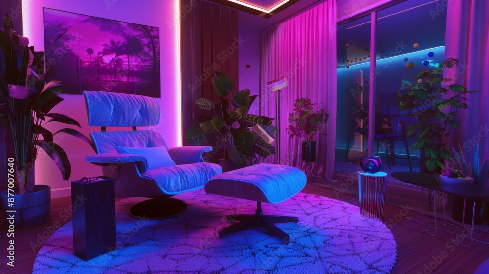Aufkleber a living room with plush furniture and a large window overlooking a balcony. the room is illuminated