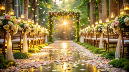 Fototapeta premium Delicate flower petals cascade down a serene aisle amidst lush greenery and soft, golden lighting.