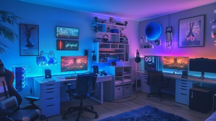 A brightly lit gaming setup with two computer desks, a gaming chair, and a large monitor in each desk. The walls are decorated with artwork and the room has an RGB lighting setup.