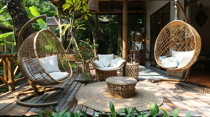 Cozy wicker sofa set and hanging chair in the garden