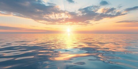 Obraz premium In the serene twilight, the sun kisses the water, painting the sky with hues of orange and red, creating a breathtaking sunset over the sea.