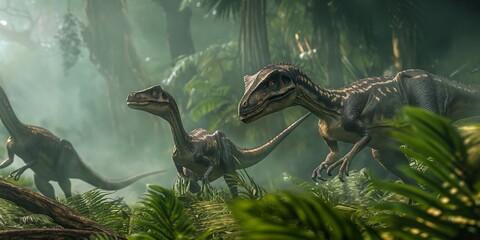 A primeval scene unfolds as prehistoric predators, dinosaurs, battle in a lush, dangerous forest.