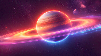 Obraz premium Saturn planet with neon effect. Retrograde Saturn.Generative AI